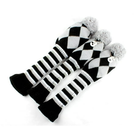 Knit Golf Club Covers - Golf Club Knit Head Cover 3pcs Headcover Set Vintange Pom Pom Sock Covers 1-3-5 grey&black