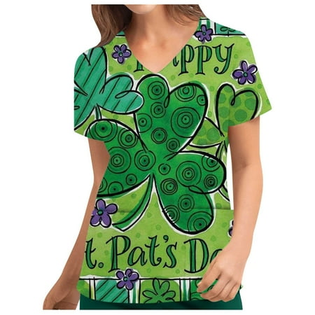 

St Patricks Day Nurse Scrubs For Women Loose Fit Scrubs Top V-Neck Scrub Tops Casual Short Sleeve T Shirts