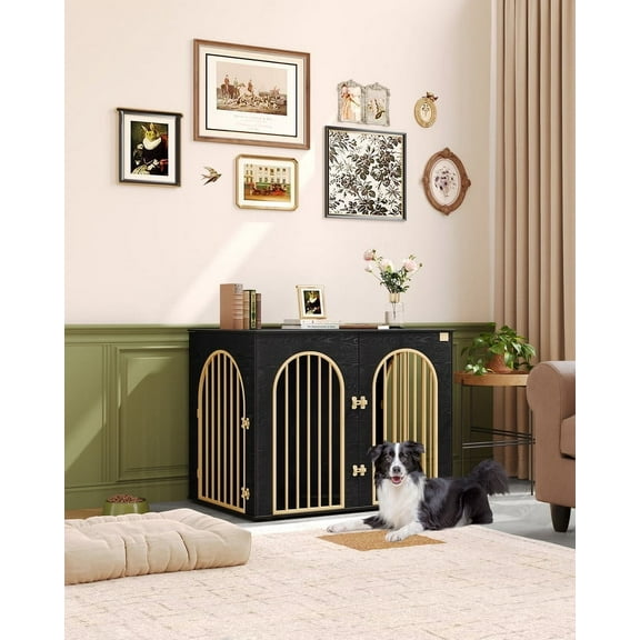 44.1" Dog Crate Furniture, 3 Door Wooden Dog Crate Furniture for Small/Medium/Large Dog,Black Gold