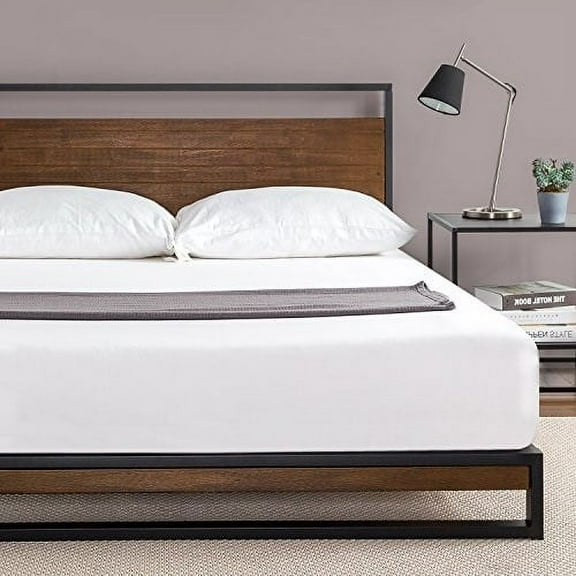 Zinus Suzanne Metal and Wood Platform Bed with Headboard / Box Spring Optional / Wood Slat Support, Full