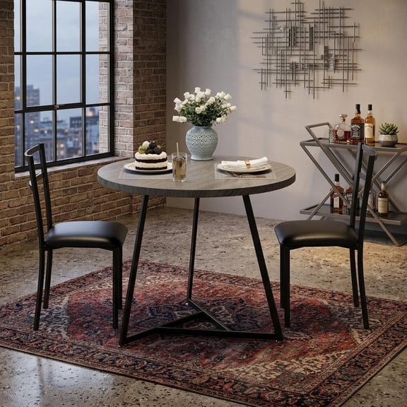 3-Piece Dining Table Set for 2, Round Kitchen Table with 2 Upholstered Chairs, Metal Frame, Wood Grain Top, Compact Space-Saving Set,Gray
