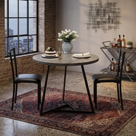 3-Piece Dining Table Set for 2 Round Kitchen Table with 2 Upholstered Chairs Metal Frame Wood Grain Top Compact Space-Saving Set Gray