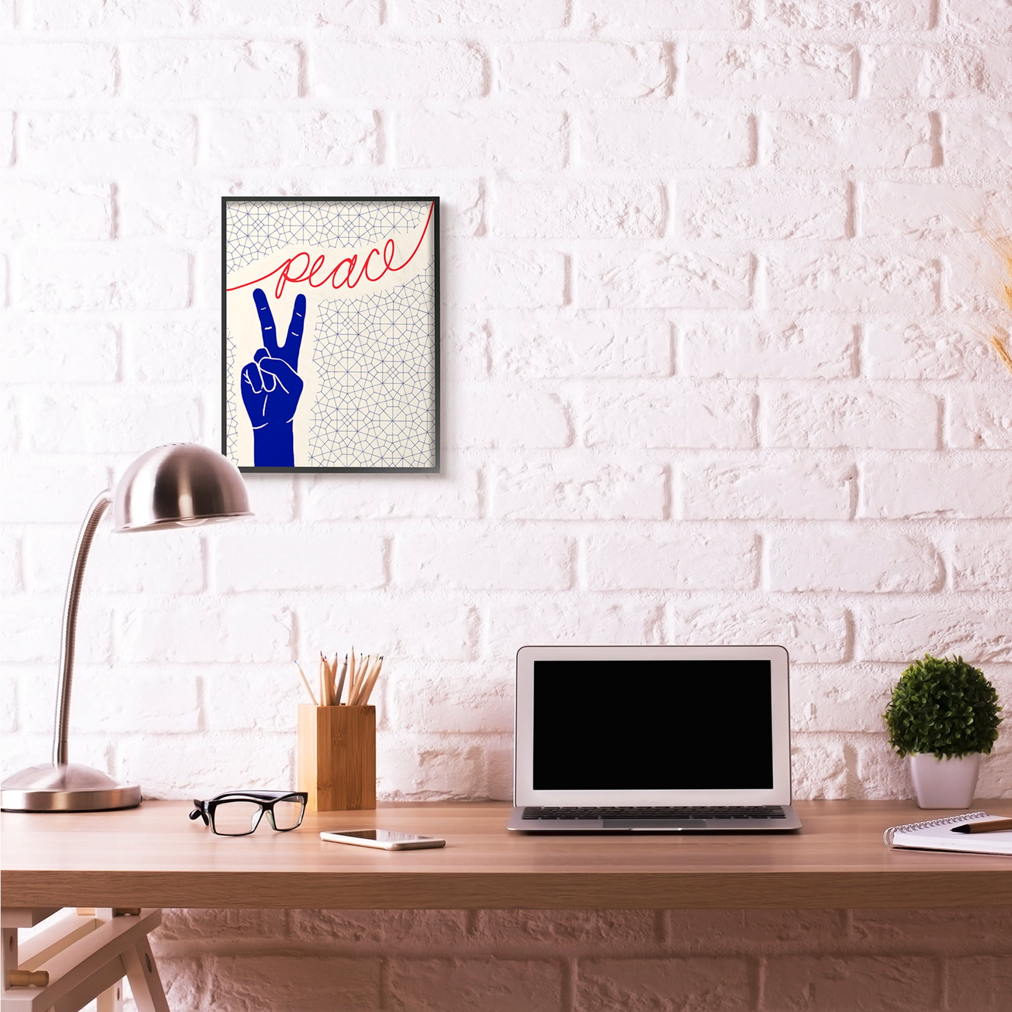 Stupell Industries Peace Hand Sign Pattern Blue Red Design Framed Wall Art by The Saturday Evening Post