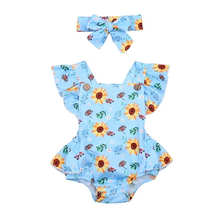 

TheFound Summer Baby Girls Bodysuits Sunflowers Print Ruffles Short Sleeve Backless Jumpsuits Headband Set