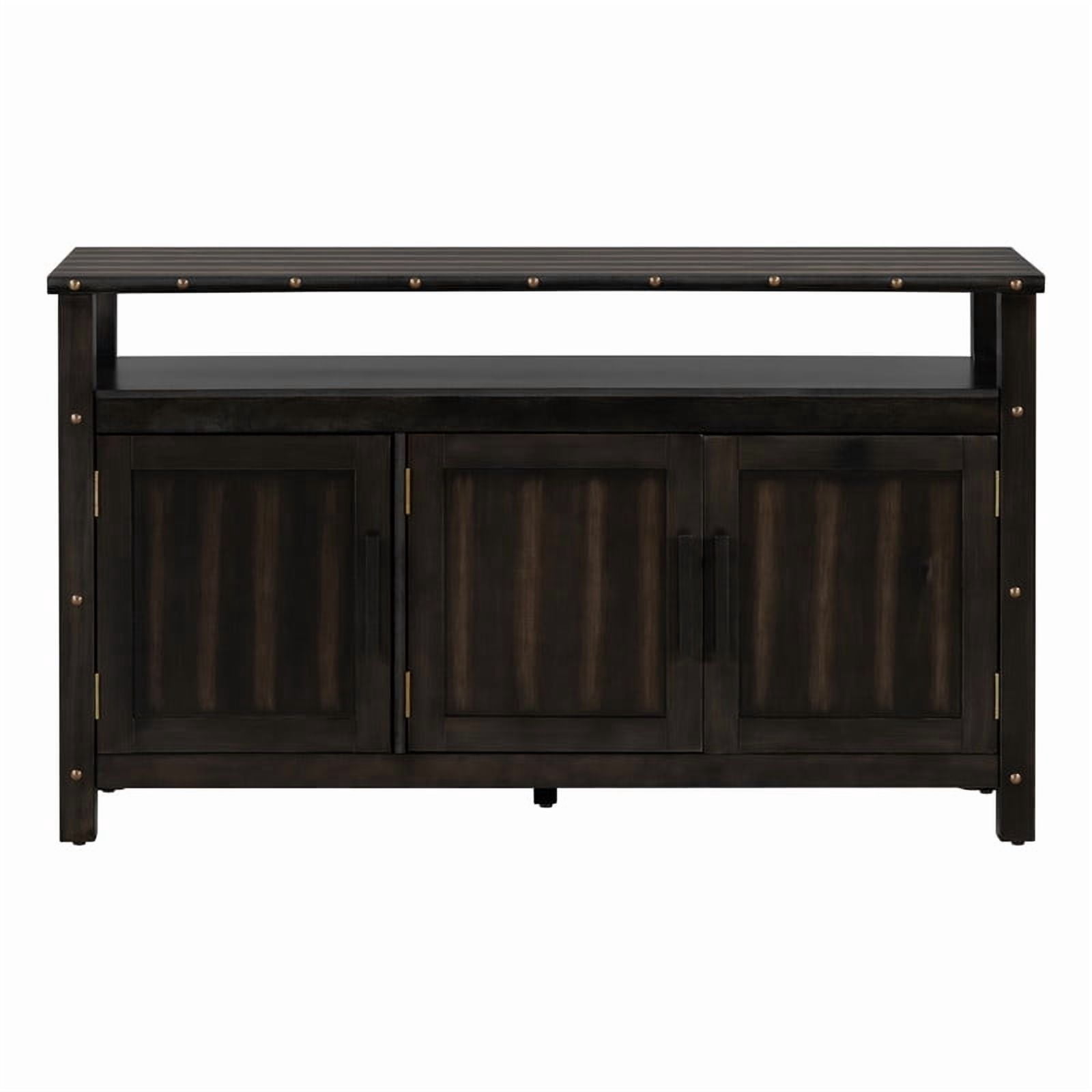 Mid-Century Modern 3-Door Buffet Sideboard Console Table with Nailhead Trim, 2-Tier Open Shelving Coffee Bar Storage Cabinet