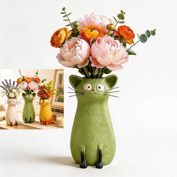 Whimsical Cute Cat Vase for Flowers & Faux Flowers, Home Office Shelf & Living Room Decor, Housewarming Gift for Cat Lovers