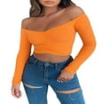 thumbnail image 1 of Women Off Shoulder Crop Top Long Sleeve Ribbed Knit Stretchy Blouse Top Vest, 1 of 6
