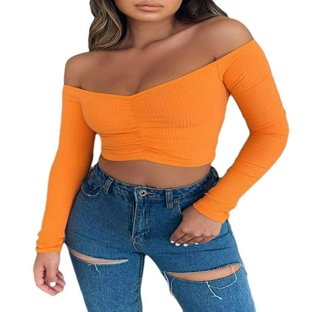 Women Off Shoulder Crop Top Long Sleeve Ribbed Knit Stretchy Blouse Top Vest