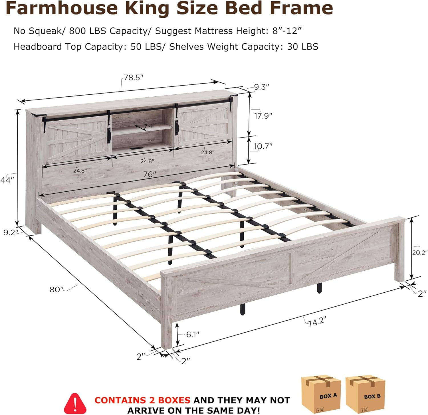 OKD Modern Farmhouse King Platform Bed with Bookcase Headboard Storage and Charging Station, No Box Spring Needed, Antique Brush White