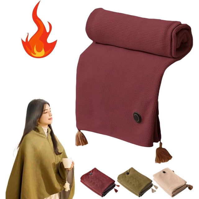 Portable Heated Shawl, Heated Shawl Wraps for Women, Portable Soft Zipper Electric Heated Blanket Shawl, 3 Heating Levels, USB Heated Blanket Shawl (Red)