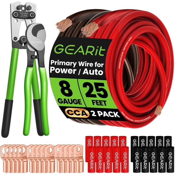 GEARit 8 Gauge Ground Wire Kit, CCA, (25FT Each - Black and Red) Includes Crimping Tool, Cutter, 15 Lugs, 20 Heat Shrink Wrap