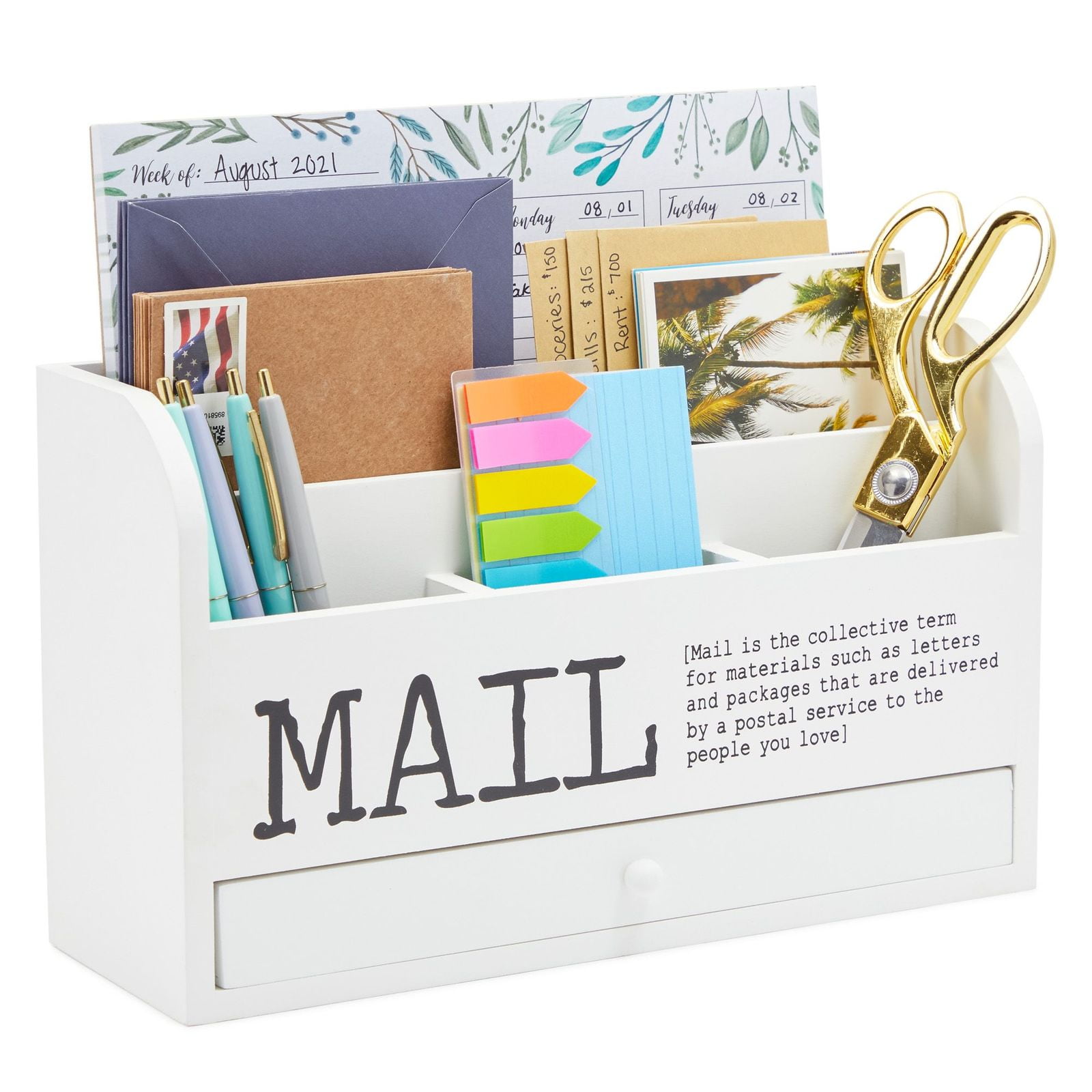 Juvale 3 Tier Wooden Mail Desktop, Wooden Mail Organizer Desktop With Block Calendar