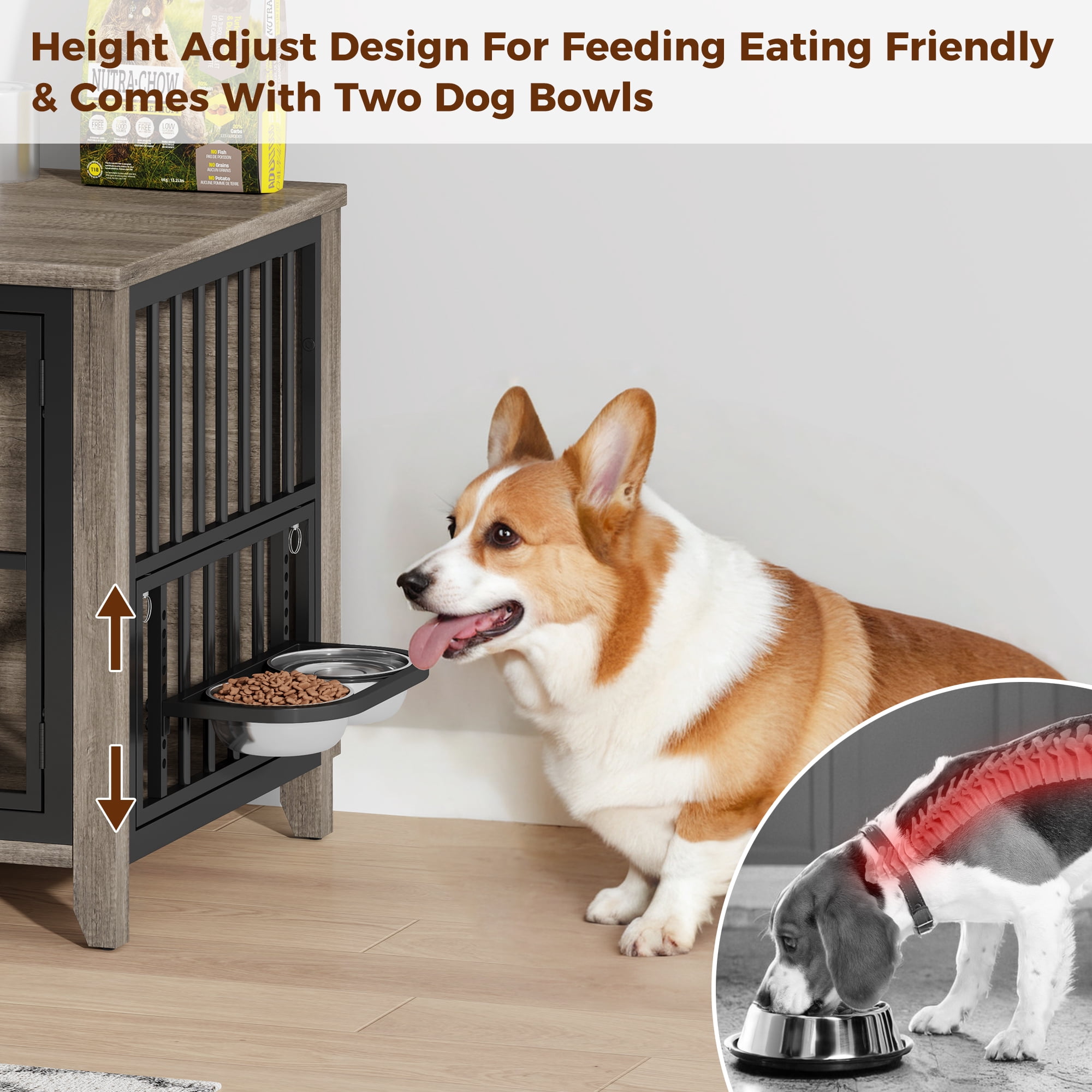 GIKPAL Dog Crate Furniture with 2 Adjustable Bowls, 32" Dog Cage Kennels for Inside with Lockable Doors, Heavy Duty Pet House End Table for Small Medium Dogs, Gray