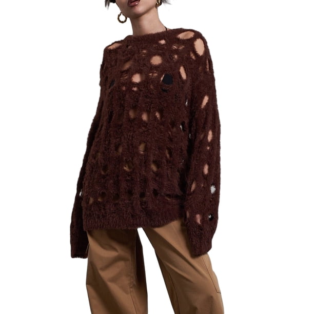 VISgogo, suéteres de moda para mujer, cuello redondo, manga larga, Color sólido, Jersey de punto hueco, Tops VISgogo moda