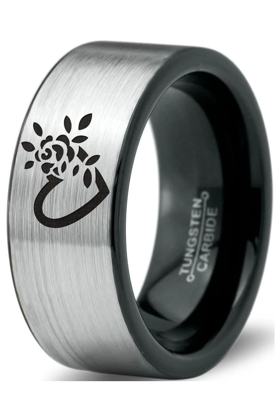 Tungsten Flower Heart Band Ring 8mm Men Women Comfort Fit Brushed Gray Flat Cut Black Polished