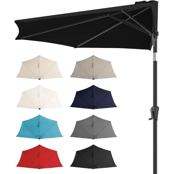 9 ft Half Round Patio Umbrella with Push Button Tilt in Black