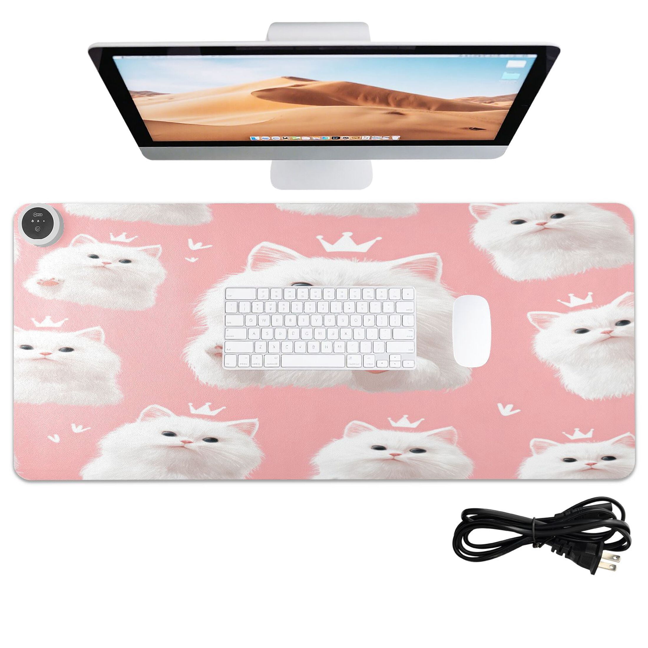 Large Heated Desk Mat Mouse Pad 31.5"x13"PU Leather Graphene Heating Desk Warmer with 3 Temperature Settings 110V US Plug Non-Slip Warm Pad for Home, Office, and Gaming Happy White Cat Face
