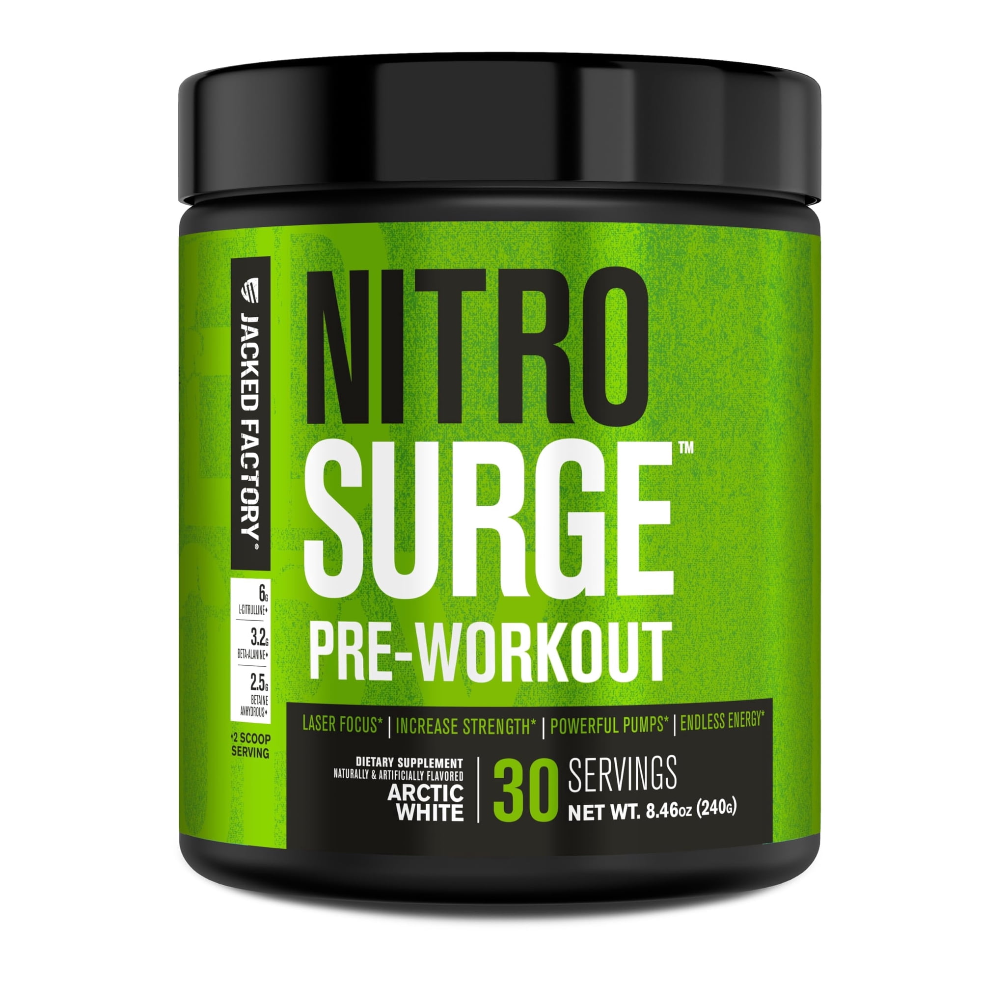 Jacked Factory NITROSURGE Pre Workout Supplement - Endless Energy, Instant Strength Gains, Clear Focus, Intense Pumps - NO Booster & Powerful Preworkout Energy Powder - 30 Servings, Arctic White