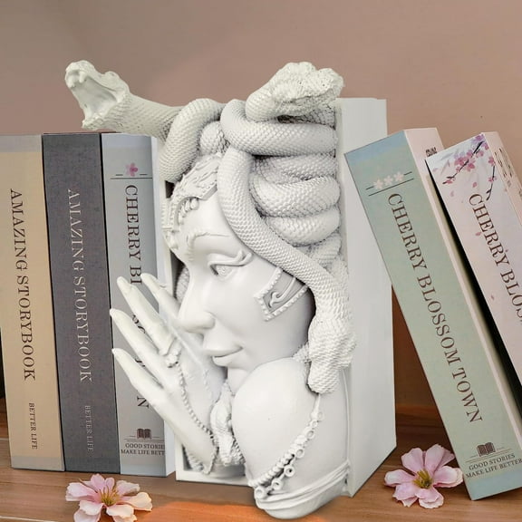 Medusa Statue Bookends, Decorative Plastic Sculpture for Bookshelves, Tables, Interior Decoration