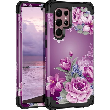 Casetego Phone Case for Samsung Galaxy S22 Ultra 5G Case Floral Shockproof Protective Cover,Purple Flower/Black