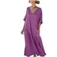 thumbnail image 2 of Ndbuld Robe d'Été Bohème pour Filles Robe de Soleil Mode Décontractée pour Femmes Col en V Couleur Unie Manches 3/4 avec Poches Robe Longue Liquidation à Moins de 5$, 2 of 6
