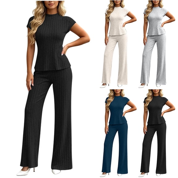 PIWHJQK Women Straight Leg Pants Set Shirts Set Women Solid Crew Neck Short Sleeve Top Elastic Waist Straight Pants Set Women Outfits Sets