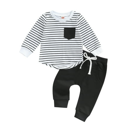 

Baby Boy Clothes 2pcs Fall Outfits Long Sleeve Solid Sweatshirt T-Shirt Top 6M 12M 18M 24M 3Y Striped Drawstring Pants Set