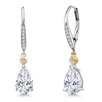 Gem Stone King 925 Silver and 10K Yellow Gold White Moissanite and White Lab Grown Diamond Dangle Earrings for Women | 2.66 Cttw | Gemstone | Pear Shape 9X6MM