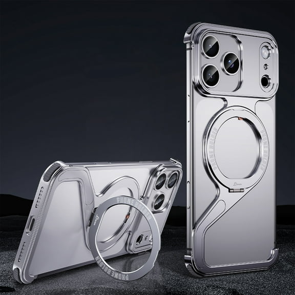 TECH CIRCLE for iPhone 16 Pro Max Rugged Case Creative Skeleton Z-Shaped Anti-Fall Heat Dissipation Metal Frameless Shockproof Lightweight Non-Slip Protection & 360° Rotating Magnetic Stand,Silver