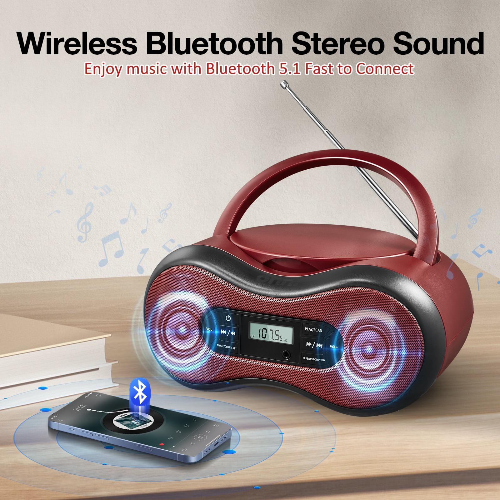 CD Player Boombox with Bluetooth,FM Radio,3.5mm Aux Input,Does Not Support Playing MP3 Format Discs