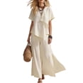 thumbnail image 2 of Women Linen Sets 2 Piece Outfits Short Sleeve Asymmetrical Shirt Split Wide Leg Pants 2026 Summer Trendy Boho Pant Suits,Beige L, 2 of 8