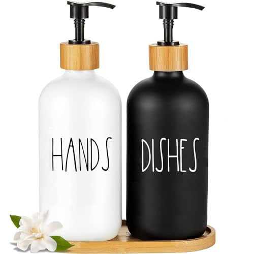 Glass Soap Dispenser Set,Hand Soap and Dish Soap Dispenser with Bamboo Tray. Vintage Soap Dispenser with Pump for Kitchen Sink and Bathroom. Stylish Permanent Labels (Matte Black&White)