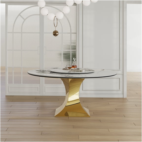 JERFIT 59-inch Round Sintered Stone Dining Table with Gold Hourglass Base, Modern Luxury Marble Look Kitchen Table for 6, Heat & Scratch Resistant
