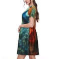 thumbnail image 2 of Fotbe Red And Blue Fire Peacock Vestido Largo de Moda para Mujer, Vestido Tipo Camiseta con Manga Corta y Estilo Casual a Rayas y Bloques de Color, 2 of 6