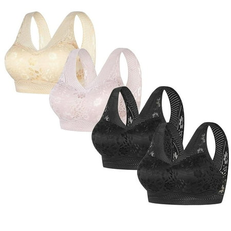 WIZUTIZ Lace Bralettes for Women Wireless Bras for Women 4-Pack Push up Bralettes Wireless Anti-Sagging Plain Full Coverage Bras Solid Hollow Out Underwear for Older Women Running L Yellow