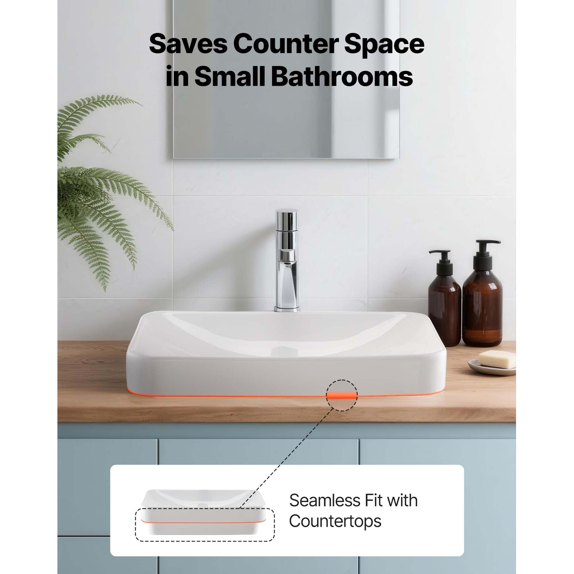 KFFKFF Rectangular Semi-Recessed Bathroom Sink, 19.29 x 12.01 Inch White Ceramic Basin with 1-3/4 Inch Drain Hole, Drop-In Modern Vanity Wash Bowl for Compact Spaces
