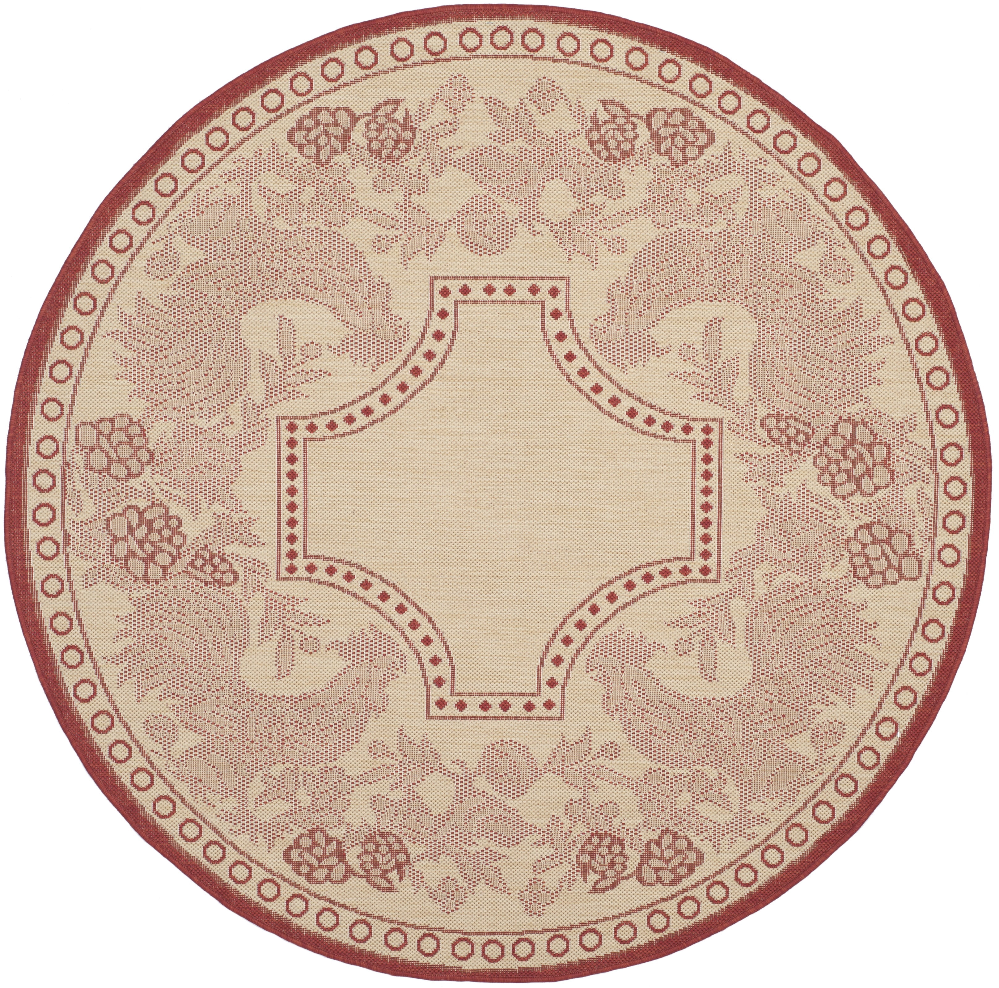 SAFAVIEH Courtyard Claire Rooster Indoor/Outdoor Area Rug, 6'7" x 6'7" Round, Natural/Red