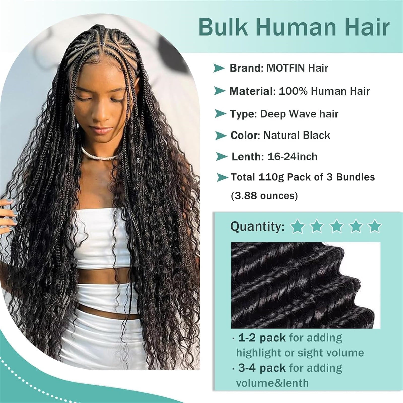 Braiding Hair for Boho Braids - Curly Boho Human Hair 20 Inch 3 Bundles, Deep Wave, Knotless Braids Crochet Box Braids, Natural Color, Festival Daily Style, Women Hair