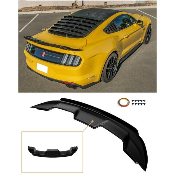 Replacement For 2015-Present Ford Mustang ALL Models | GT500 Style ABS Plastic - Painted Glossy Black Rear Trunk Lid Wing With Wickerbill Extension Spoiler SPOILER-280-V2-ABS