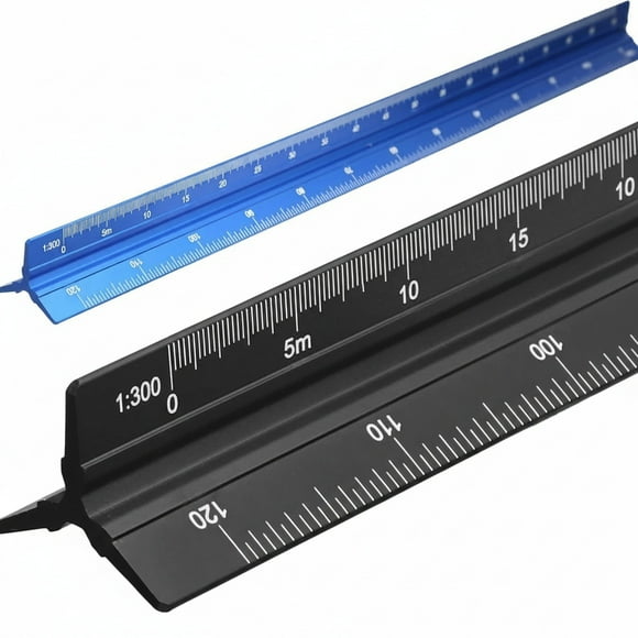 Regla Métrica de Arquitectura y Escala de Ingeniero de 12 Pulgadas (Paquete de 2, Azul y Negro) / Juego de Herramientas de Dibujo Triangular de Aluminio / Escalas Métricas Exclusivas: 1:100, 1:200,1;250,1:300,1:400 1:500
