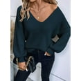 thumbnail image 4 of Women Off the Shoulder V Neck Sweater Top Fitted Long Sleeve Shirt Tie Back Sweater Royal Blue XL, 4 of 8