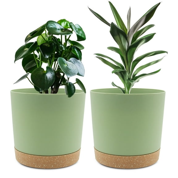 QCQHDU 2 Pack Plant Pot, Green Plastic Indoor Planter With Drainage Holes And Removable Base