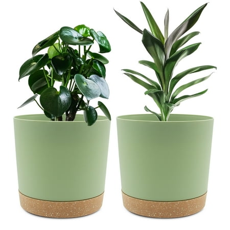 QCQHDU 2 Pack Plant Pot  Green Plastic Indoor Planter With Drainage Holes And Removable Base