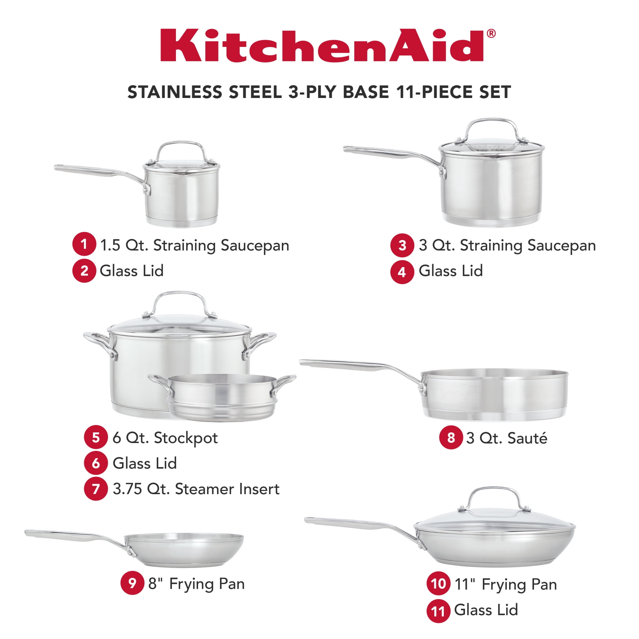 KitchenAid 11-piece 5-ply Clad Stainless Steel Cookware Set – RJP