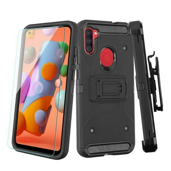 Samsung Galaxy A11 Phone Case Tuff Hybrid Kinetic Armor Rugged TPU Dual Layer Hard Protective Cover Combo Swivel Belt Clip Holster   Screen Protector BLACK Cover for Samsung Galaxy A11 (2020)