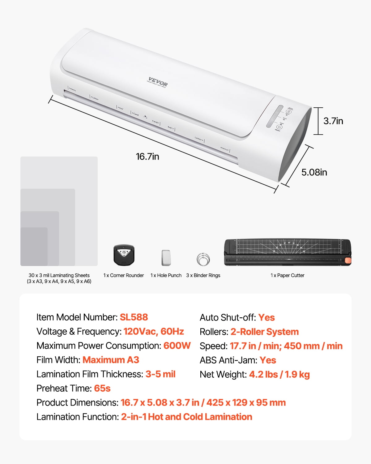 VEVOR Laminator Machine, Cold and Hot Laminator for Max A3 Paper Size, 1 min Quick Warm Thermal Laminator, 3-5 mil Thickness, Ideal for Home, Office, Business, or School Supplies, White + Grey