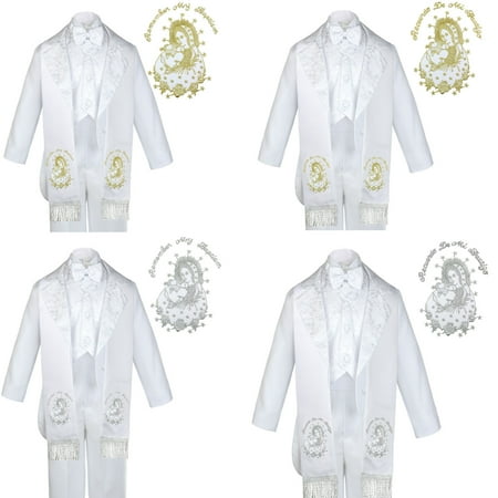 

6pc Baptism White Tuxedo English Spanish Silver Gold Pope Santa Maria Mary Stole