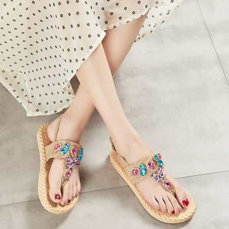 

LEEy-World Women Shoes Womens Flat Sandals Summer Bohemian Beach Flats Elastic Ankle Strap Comfortable T-Strap Thong Flip Flops