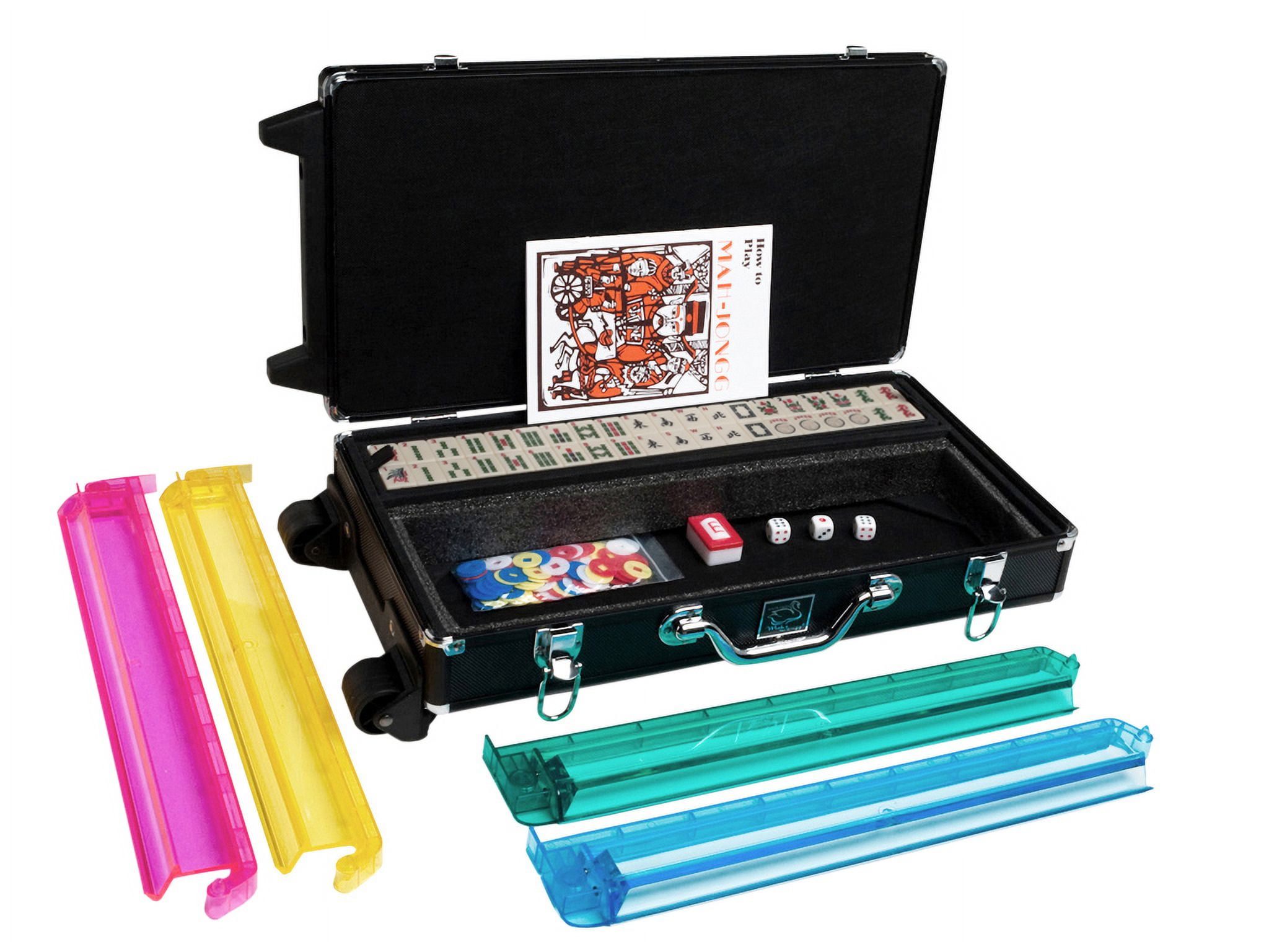 White Swan American Mahjong Set in Wheeled Black Case - Ivory Tiles - Modern Pushers