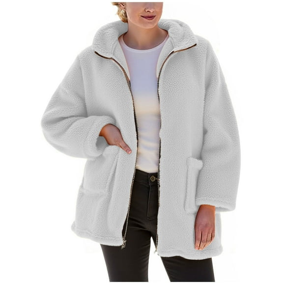 XFLWAM Womens Sherpa Fleece Jackets Fuzzy Zip Up Long Sleeve Jackets Warm Winter Coat Outwear with Pockets